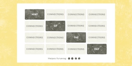 Drawing of a New York Times Connections game board. The words "Hint of the day" fill each of four dark grey tiles diagonally across the board. The rest of the tiles are light grey, with the word "connections" in each of them.